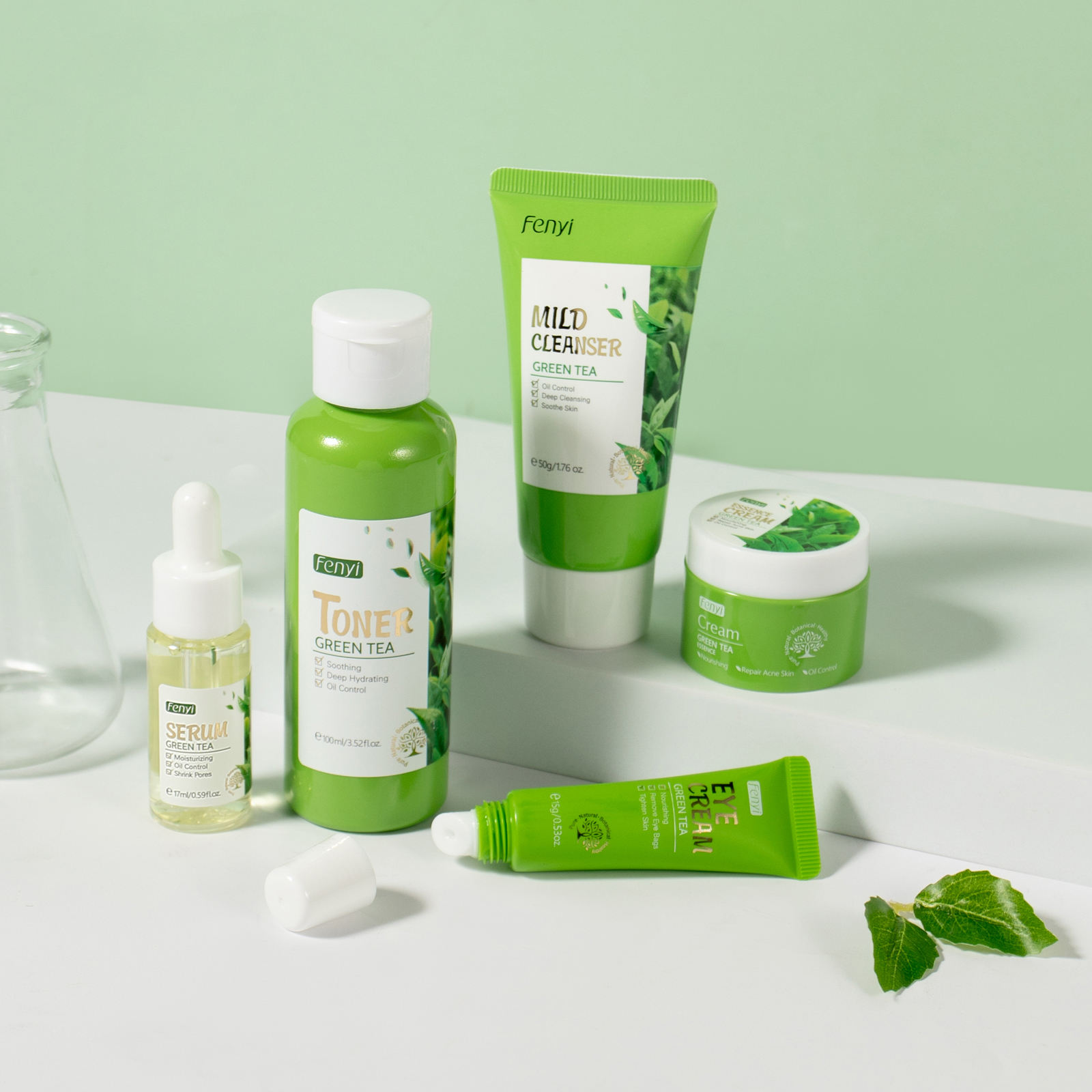 Green tea skincare routine products including cleanser toner serum eye cream and moisturizer