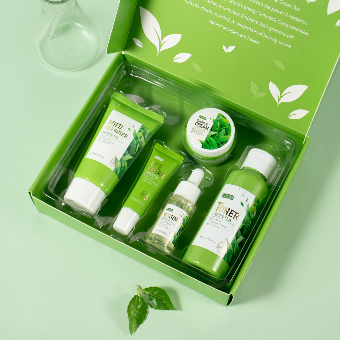 Green tea skincare set including cleanser toner serum and cream for healthy glowing skin