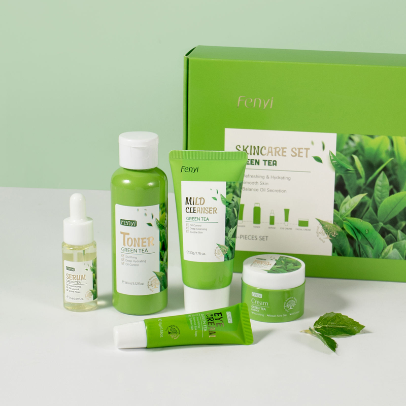 Green tea skincare set including cleanser toner serum and cream for healthy glowing skin